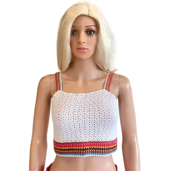 NWT Marine Layer $118 Crochet Crop Top W's XS Caro Tank White Rainbow Trim - Picture 6 of 16